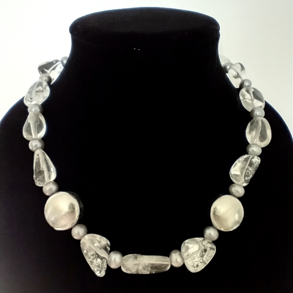 Quartz crystal and freshwater pearl necklace